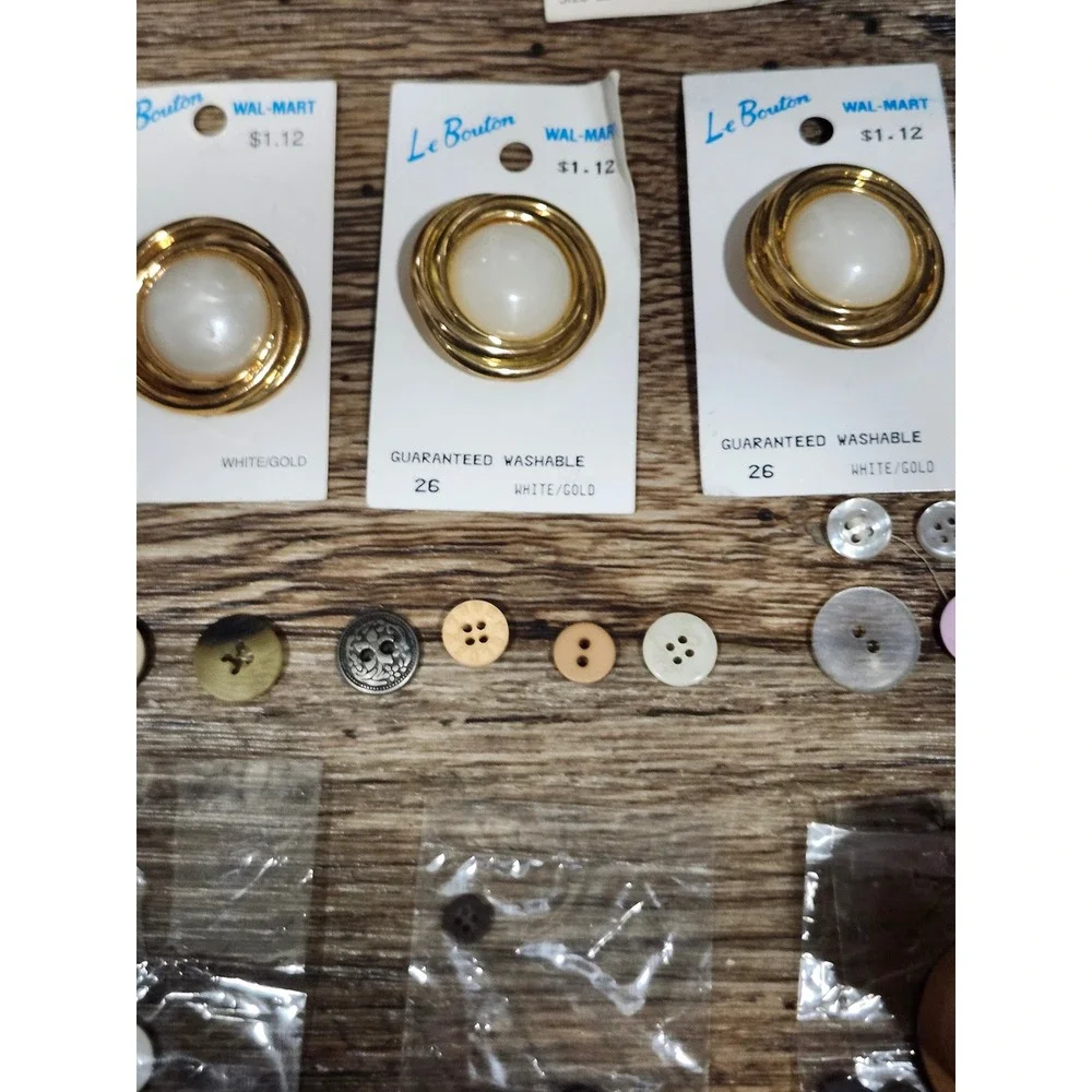 Vintage Le Bouton Sewing Button Lot Aqua Blue Gold White Mixed Assortment Spool